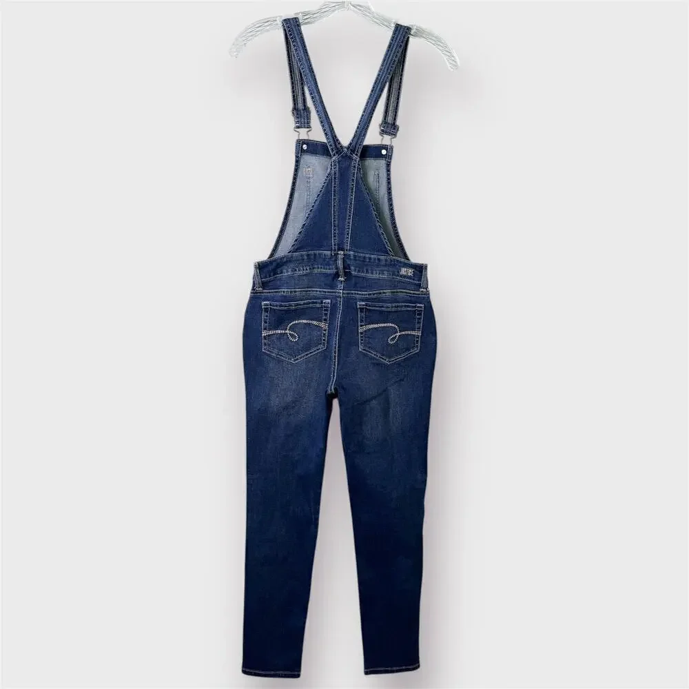 Justice Distressed Dark Wash Denim Bib Overalls Skinny Stretch Girl's Size 16